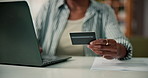 Woman, hands and laptop with credit card for ecommerce, remote banking or payment in home. Female person, shopper or debit with computer for online shopping app, purchase or wireless transaction