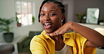 Funny, selfie and social media with black woman in living room of home for post or update. App, laughing and profile picture with happy African person in apartment for connection or photograph