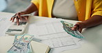 Woman, hands and calculator with cash for finance, counting money or audit above in home. Female person, accounting and tax calculation with dollar bills for financial expenses, cost or savings