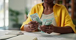 Woman, hands and counting with cash for finance, money audit or budget planning in home. Female person, accounting and tax calculation with dollar bills for financial expenses, cost or savings