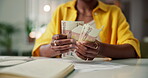 Counting, money and hands of woman in home for savings, finance planning and budget review. Euro cash, investment growth and salary bonus with person in apartment for bokeh, account and income