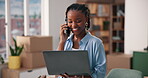 Laptop, phone call and woman with communication for logistics, supply chain and small business. Ecommerce, boxes and black person with tech, retail and shipping orders for invoice or online delivery