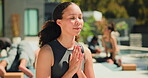 Meditation, smile and prayer hands with woman in class for spiritual retreat, namaste and balance. Zen exercise, holistic healing and yoga with people for mindfulness, peace and self care mindset