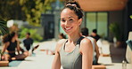 Face, yoga class and happy woman outdoor for health, fitness and wellness with instructor. Smile, yogi teacher and portrait of person for holistic exercise, peace and calm at pilates practice