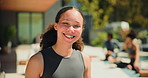 Face, woman and smile with pride for fitness, training progress and healthy body goals. Portrait, happy and female person outdoor with confidence for wellness routine, exercise and ready for workout.