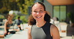 Face, yoga class and happy woman outdoor for wellness, health and fitness with instructor. Teacher, yogi and portrait of person with smile for holistic exercise, peace and calm at pilates practice