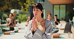 Meditation, calm and prayer hands with woman in class for spiritual retreat, namaste and balance. Zen exercise, holistic healing and yoga with people for mindfulness, peace and self care mindset