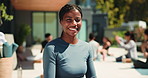 Face, meditation and outdoor with woman, smile and wellness with health, yoga and chakra. Pride, group and person in backyard, happiness and zen with fitness, exercise and mindset with balance