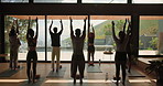 Back, people and stretching with instructor for yoga, holistic fitness and spiritual balance in class. Timelapse, group and namaste pose for meditation, mindfulness and instructions of wellness hobby