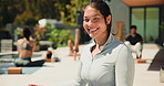 Yoga, meditation and happy woman outdoor with smile, face and wellness for relaxation. Person, balance and peace in class session with portrait, people and mindfulness for mental health benefits.
