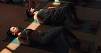 Meditation, peace and floor with people in class for relax, chakra alignment and mental health. Wellness, holistic healing and balance with man and woman in yoga studio for awareness, zen and soul