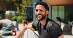 Face, meditation and outdoor with man, yoga and spiritual wellness with smile, happiness and zen. People, backyard and person with confidence, holiday and pride with health, relax and fitness