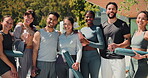 Yoga, face and people in outdoor with water bottle, team and support in body wellness, Happiness, motivation and group in backyard with mats, collaboration and mobility in practice together.