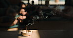 Yoga, incense and blur with people in class for balance, chakra alignment and smoke. Wellness, holistic healing and aromatherapy fragrance with group in meditation studio for awareness, zen and aura