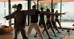 Group, people and stretching with instructor for yoga, holistic fitness and spiritual balance in class. Community, warrior pose and lesson for flexibility, mindfulness and technique of wellness hobby