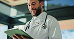 Smile, man and doctor with tablet for medical history, information and review report. Technology, person and healthcare worker in hospital with app for insurance email, research and wellness feedback