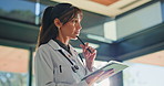 Thinking, doctor and woman with tablet in hospital for planning, research or medical idea. Technology, healthcare professional or problem solving in clinic for wellness, telehealth decision or vision