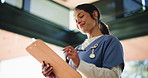 Happy, doctor and woman in office with clipboard for medical checklist, patient chart and information. Smile, healthcare professional and person in clinic with documents, lab results and insurance.