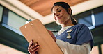 Woman, doctor and smile in office with clipboard for medical checklist, patient chart and information. Happy, healthcare professional and person in clinic with documents, lab results and insurance.