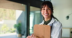 Clipboard, face and medical with woman doctor in hospital for checklist, insurance or review. Healthcare, paperwork and smile of mature medicine professional in clinic for planning or schedule