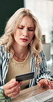 Home, credit card and woman with pc, confused or online shopping with transactions. Phishing scam, fintech or person with budget, banking or savings with investment, purchase or fraud with bankruptcy