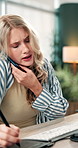 Stress, phone call and woman in office talking for virtual assistance, digital planner and contact. Startup agency, busy and person on smartphone for communication, conversation and admin consultant