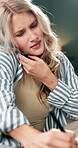 Office, phone call and woman with stress, busy and chaos for virtual assistance, planner and contact. Overworked, startup and person on smartphone for communication, conversation and admin consultant
