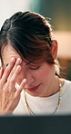 Business, pc and woman in office, headache and stress with blue light exposure, copywriting and burnout. Person, fatigue and journalist with tech, migraine and tension with pressure and overworked 