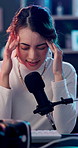 Eye strain, podcast and vr headset with woman in studio for live streaming or product review. Brain fog, headaceh and side effects with influencer person in virtual reality for immersive experience