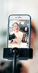 Camera, phone screen and recording with photographer woman in office for content creation. Live streaming, photography and tutorial with happy influencer in creative workplace for product review