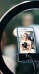 Camera, live streaming and phone screen with photographer woman in office for content creation. Photography, recording and tutorial with happy influencer in creative workplace for product review