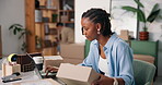 Package, woman and typing on laptop in small business for order process, supply chain or delivery. Staff, online shop and person with box at logistics startup for dropshipping and parcel distribution