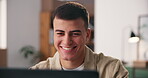Reading, laptop and man in home office with smile, opportunity and development in small business. Happy, person and entrepreneur in house with computer, research or investment feedback for company.