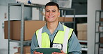 Tablet, face and logistics with man in warehouse for inventory manager, dropshipping and cargo. Ecommerce storage, digital checklist and delivery schedule with person in distribution factory