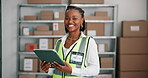 Tablet, ecommerce or face of happy woman in distribution industry, supply chain or transport order. Logistics, package delivery or employee with safety vest, tech or parcel shipping in storage center