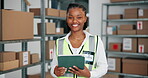 Tablet, face and logistics with black woman in warehouse for inventory manager, dropshipping and cargo. Ecommerce storage, digital checklist and delivery schedule with person in distribution factory