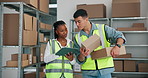 Tablet, warehouse and team discussion with box for distribution, storage solution and stock update. Tech, shipping worker and people with package for planning logistics, check inventory or inspection