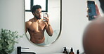 Body, mirror and photograph with man in bathroom of home for hygiene, social media post or vanity. Phone, reflection and shower with shirtless person in apartment for cleaning, status or update