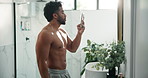 Mirror, shirtless and man with cellphone, fitness and abs with pride, influencer and app. Home, content creation and person with smartphone, bodybuilder or morning with live streaming and photography