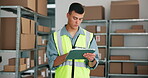 Tablet, reading and logistics with man in warehouse for inventory manager, dropshipping and cargo. Ecommerce storage, digital checklist and delivery schedule with person in distribution factory