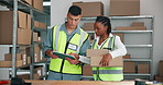 Tablet, distribution and team discussion with box for storage, check stock and ecommerce. Tech, logistics worker and people with package for planning inventory, shipping and inspection in warehouse