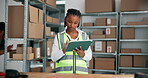 Tablet, typing and logistics with woman in warehouse for inventory manager, dropshipping and cargo. Ecommerce storage, digital checklist and delivery schedule with person in distribution factory
