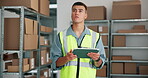 Tablet, thinking and logistics with man in warehouse for inventory manager, dropshipping and cargo. Ecommerce storage, digital checklist and reflection with person in distribution factory for vision