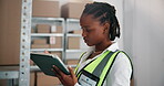 Logistics, stock or black woman in warehouse with tablet, inventory or supply management for shipping. Distribution, export or employee in unit with tech, digital checklist or inspection for delivery