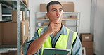 Logistics, count or man in warehouse with tablet, inventory or supply management for shipping. Distribution, export or employee in storage unit with tech, digital checklist or inspection for delivery