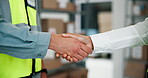 People, handshake and greeting for logistics at warehouse for agreement, thank you and delivery b2b. Staff, team and shaking hands for introduction, partnership and deal for distribution onboarding