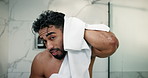 Towel, shower and face of man in bathroom in home for fresh, grooming or morning routine for hygiene. Portrait, dermatology and person with clean body for wellness, health or skincare in apartment.