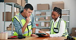 Tablet, warehouse and team talk for logistics, storage review and check stock for ecommerce. Technology, distribution worker and people planning inventory, shipping and supply chain information