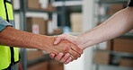 People, handshake and welcome for logistics at warehouse for agreement, greeting and delivery b2b. Employees, team and shaking hands for introduction, partnership and deal for distribution onboarding