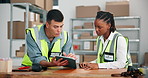 Tablet, warehouse and team planning logistics, storage review and check stock for ecommerce. Technology, distribution worker and people talk for inventory, shipping and supply chain information